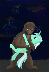 Size: 412x600 | Tagged: safe, artist:widsithgrey, imported from derpibooru, lyra heartstrings, pony, unicorn, crack shipping, duo, eyepatch, female, fireworks, hug, krastos the gluemaker, male, mare, night, shipping, smiling, straight