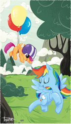 Size: 686x1187 | Tagged: safe, artist:ponyshot, deleted from derpibooru, imported from derpibooru, rainbow dash, scootaloo, pegasus, pony, balloon, female, filly, flying, flying lesson, helmet, mare, scootalove