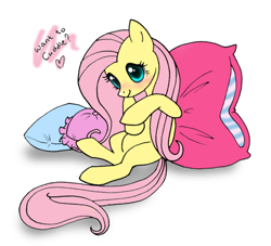 Size: 600x545 | Tagged: safe, artist:sugarcup, imported from derpibooru, fluttershy, pegasus, pony, blushing, bronybait, dialogue, female, heart, leaning back, mare, pillow, simple background, sitting, smiling, solo, white background