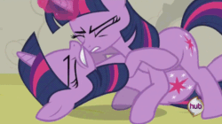 Size: 800x449 | Tagged: safe, imported from derpibooru, screencap, twilight sparkle, changeling, pony, unicorn, a canterlot wedding, season 2, animated, disguise, disguised changeling, female, gif, hub logo, mare, out of context, selfcest, twolight, unicorn twilight