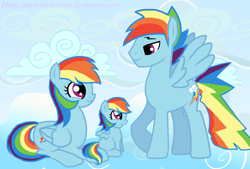 Size: 1954x1320 | Tagged: dead source, safe, artist:jaquelindreamz, imported from derpibooru, rainbow dash, oc, oc:aurora spectralis, pegasus, pony, cloud, dashblitz, daughter, family, father, female, filly, incest, male, mare, mother, offspring, parent:rainbow blitz, parent:rainbow dash, parents:dashblitz, parents:selfcest, product of incest, rainbow blitz, rainbow's lament, rule 63, self ponidox, selfcest, shipping, stallion, straight, used with a base