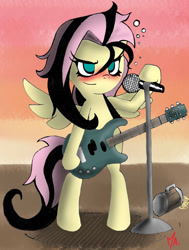 Size: 900x1188 | Tagged: dead source, safe, artist:gatodelfuturo, imported from derpibooru, fluttershy, pegasus, pony, alternate hairstyle, bipedal, drunk, drunkershy, electric guitar, emoshy, female, guitar, mare, microphone, musical instrument, solo, stage