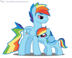 Size: 1601x1299 | Tagged: dead source, safe, artist:jaquelindreamz, imported from derpibooru, rainbow dash, oc, oc:aurora spectralis, pegasus, pony, father and daughter, female, filly, male, offspring, parent:rainbow blitz, parent:rainbow dash, parents:dashblitz, parents:selfcest, rainbow blitz, rule 63, selfcest, stallion