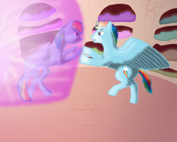 Size: 1280x1024 | Tagged: safe, artist:serinity52, imported from derpibooru, rainbow dash, pegasus, pony, fanfic:on a cross and arrow, eye contact, fanfic, fanfic art, female, looking at each other, male, mare, rainbow blitz, rule 63, self ponidox, stallion