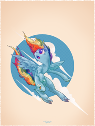 Size: 800x1064 | Tagged: safe, artist:ponyshot, deleted from derpibooru, imported from derpibooru, rainbow dash, pegasus, pony, abstract background, cloud, female, flying, looking back, mare, solo, spread wings, unshorn fetlocks, windswept mane, wingding eyes, wings