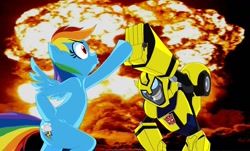 Size: 1280x771 | Tagged: safe, artist:terry, imported from derpibooru, rainbow dash, pegasus, pony, semi-anthro, autobot, bumblebee, bumblebee (transformers), crossover, explosion, female, high five, hoofbump, mare, transformers, transformers animated