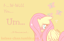 Size: 1280x828 | Tagged: safe, artist:kelsea-chan, imported from derpibooru, part of a set, fluttershy, pegasus, pony, blushing, female, floppy ears, hair over one eye, mare, sitting, solo, valentine