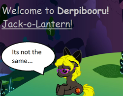 Size: 830x650 | Tagged: safe, imported from derpibooru, oc, oc only, oc:jack-o-lantern, earth pony, pony, derpibooru, pony creator, bow, comic sans, depressed, dialogue, frown, glasses, hair bow, jack-o-lantern, male, meta, night, sad, sitting, solo, speech bubble, stallion, text