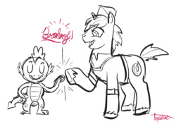 Size: 750x529 | Tagged: safe, artist:ponyshot, deleted from derpibooru, imported from derpibooru, donut joe, spike, dragon, pony, unicorn, hoofbump, male, monochrome, simple background, stallion