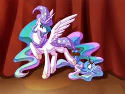 Size: 700x525 | Tagged: safe, artist:shinepawpony, imported from derpibooru, princess celestia, trixie, alicorn, pony, unicorn, bound, bound and gagged, cape, cloak, clothes, female, hat, mare, on back, raised hoof, robe, stage, trixie's cape, trixie's hat