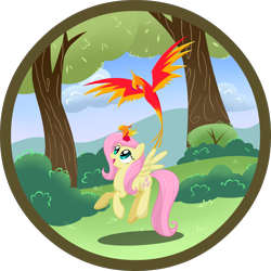 Size: 1862x1862 | Tagged: safe, artist:zap-apple, imported from derpibooru, fluttershy, peewee, philomena, pegasus, phoenix, pony, female, flying, mare, tree
