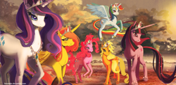 Size: 1140x557 | Tagged: safe, artist:hinoraito, imported from derpibooru, applejack, fluttershy, pinkie pie, rainbow dash, rarity, twilight sparkle, alicorn, pony, unicorn, backwards cutie mark, color porn, everything is context, eyestrain warning, female, fluttercorn, jewelry, mane six, mare, race swap, rainbowcorn, scenery, this will end in chaos, tiara, unicorn applejack, unicorn pinkie pie, unicorn twilight, why