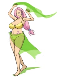 Size: 900x1123 | Tagged: safe, artist:moronsonofboron, imported from derpibooru, fluttershy, human, alternative cutie mark placement, ankles, armpits, barefoot, belly button, big breasts, bikini, breasts, busty fluttershy, clothes, curvy, cutie mark, ear piercing, earring, feet, female, humanized, jewelry, piercing, sarong, simple background, solo, swimsuit, yellow swimsuit