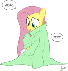 Size: 737x762 | Tagged: safe, artist:egophiliac, imported from derpibooru, fluttershy, pegasus, pony, female, mare, simple background, sitting, snuggie, solo, transparent background