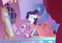 Size: 1800x1238 | Tagged: safe, artist:egophiliac, imported from derpibooru, rarity, pony, unicorn, carousel boutique, clothes, dress, dressing gown, female, gala dress, mare, mirror, pins, raised hoof, slippers, solo