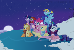 Size: 1800x1238 | Tagged: dead source, safe, artist:egophiliac, imported from derpibooru, applejack, fluttershy, pinkie pie, rainbow dash, rarity, spike, twilight sparkle, dragon, earth pony, pegasus, pony, unicorn, clothes, coat, female, hat, male, mane seven, mane six, mare, moon, night, scarf, snow, stargazing, stars, winter