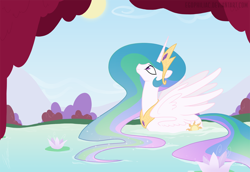 Size: 1800x1238 | Tagged: safe, artist:egophiliac, imported from derpibooru, princess celestia, alicorn, pony, beautiful, behaving like a bird, behaving like a duck, female, floating, flower, folded wings, large wings, lilypad, long mane, long tail, looking up, majestic, mare, mountain, pond, show accurate, smiling, solo, sparkles, spring, sun, swanlestia, swimming, swimming pool, water
