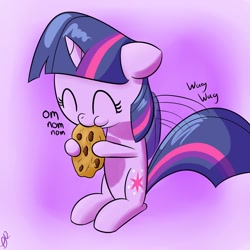 Size: 900x900 | Tagged: safe, artist:paradigmpizza, imported from derpibooru, twilight sparkle, pony, unicorn, :t, cookie, cute, eyes closed, female, filly, floppy ears, foal, food, gradient background, hoof hold, nom, puffy cheeks, sitting, smiling, solo, tail wag, twiabetes, unicorn twilight