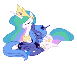 Size: 700x600 | Tagged: safe, artist:egophiliac, imported from derpibooru, princess celestia, princess luna, alicorn, pony, crown, duo, eyes closed, female, hoof shoes, jewelry, mare, peytral, prone, regalia, royal sisters, s1 luna, simple background, sisters, swanluna, transparent background