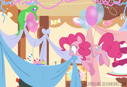 Size: 1800x1238 | Tagged: safe, artist:egophiliac, imported from derpibooru, gummy, pinkie pie, earth pony, pony, balloon, colored pupils, cupcake, decoration, female, floating, food, mare, mouth hold, sugarcube corner, then watch her balloons lift her up to the sky