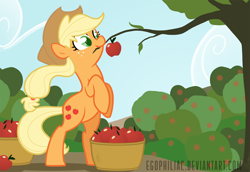 Size: 1800x1238 | Tagged: safe, artist:egophiliac, imported from derpibooru, applejack, earth pony, pony, apple, colored pupils, female, mare, mouth hold, rearing, tree