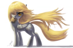 Size: 1346x894 | Tagged: safe, artist:grissaecrim, artist:raikoh, imported from derpibooru, derpy hooves, pegasus, pony, background pony, beautiful, butt, epic derpy, female, food, hair over one eye, mare, mouth hold, muffin, plot, simple background, solo, wind, windswept mane
