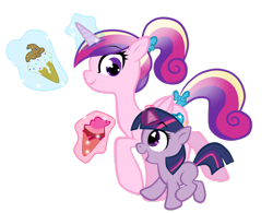 Size: 2504x1950 | Tagged: safe, artist:xnightmelody, imported from derpibooru, princess cadance, twilight sparkle, alicorn, pony, unicorn, cute, female, filly, filly twilight sparkle, foal, glowing horn, ice cream, magic, mare, ponytail, simple background, teen princess cadance, telekinesis, transparent background, twiabetes, unicorn twilight, vector, younger