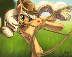 Size: 900x720 | Tagged: safe, artist:laurenmagpie, imported from derpibooru, applejack, earth pony, pony, female, grass, lasso, mare, mouth hold, rope, solo