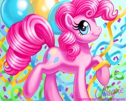 Size: 900x720 | Tagged: safe, artist:laurenmagpie, imported from derpibooru, pinkie pie, earth pony, pony, abstract background, balloon, female, mare, profile, raised hoof, smiling, solo