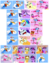 Size: 1478x1900 | Tagged: safe, artist:terry, imported from derpibooru, applejack, derpy hooves, fluttershy, nurse redheart, pinkie pie, rainbow dash, rarity, spike, twilight sparkle, dragon, earth pony, pegasus, pony, unicorn, comic:you're the father, bambi, bipedal, birthing, bloodshot eyes, comic, crying, disney, dumbo, female, goddammit pinkie, male, mare, maximus, mr.stork, pregnant, vulgar, you're the father