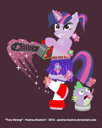 Size: 800x1000 | Tagged: safe, artist:paulrus-keaton, imported from derpibooru, spike, twilight sparkle, semi-anthro, chainsaw, clothes, cosplay, costume, disembodied head, female, lollipop chainsaw, male, shipping, straight, tongue out, twispike, voice actor joke