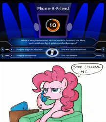 Size: 647x746 | Tagged: safe, artist:madmax, imported from derpibooru, pinkie pie, earth pony, pony, exploitable meme, female, game show, mare, meme, phone, phone meme, solo, stop calling me, who wants to be a millionaire, who wants to be a millionare