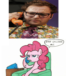 Size: 647x746 | Tagged: safe, artist:madmax, imported from derpibooru, pinkie pie, earth pony, pony, exploitable meme, female, irl, mare, meme, phone, phone meme, photo, sitting, stop calling me