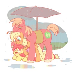 Size: 800x776 | Tagged: safe, artist:kelsea-chan, imported from derpibooru, apple bloom, applejack, big macintosh, earth pony, pony, apple family, apple siblings, female, filly, hatless, male, mare, missing accessory, pile, pony pile, rain, stallion, umbrella