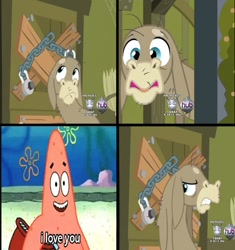 Size: 1307x1389 | Tagged: safe, edit, edited screencap, imported from derpibooru, screencap, cranky doodle donkey, donkey, a friend in deed, season 2, chocolate with nuts, funny, funny as hell, hub logo, i love you, image macro, meme, patrick star, spongebob squarepants