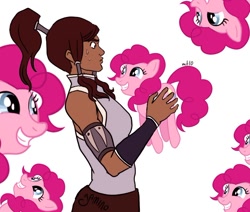 Size: 800x677 | Tagged: safe, artist:mtlo, imported from derpibooru, pinkie pie, earth pony, human, pony, crossover, female, korra, mare, multeity, simple background, the legend of korra, white background