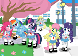 Size: 900x650 | Tagged: safe, artist:shutterflye, imported from derpibooru, derpy hooves, fluttershy, pinkie pie, rainbow dash, rarity, twilight sparkle, earth pony, pegasus, pony, semi-anthro, unicorn, bipedal, book, cherry blossoms, clothes, fan, female, flower, mare, sailor uniform, school, school uniform, schoolgirl, streetlight, tree, uniform