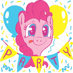 Size: 650x650 | Tagged: dead source, safe, artist:ponyshot, deleted from derpibooru, imported from derpibooru, pinkie pie, earth pony, pony, abstract background, balloon, bust, confetti, female, mare, party, portrait, solo, tongue out