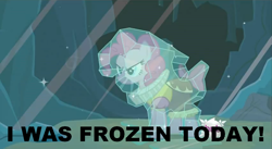 Size: 852x467 | Tagged: safe, edit, edited screencap, imported from derpibooru, screencap, chancellor puddinghead, pinkie pie, earth pony, pony, hearth's warming eve (episode), season 2, female, hearth's warming eve, hub logo, i was frozen today, image macro, mare, meme, nostalgia critic, parody, solo, suburban commando, tgwtg, thermostat