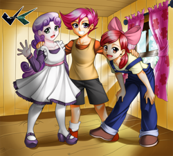 Size: 1000x900 | Tagged: safe, artist:jadenkaiba, imported from derpibooru, apple bloom, scootaloo, sweetie belle, human, clothes, cutie mark crusaders, dress, female, humanized, mary janes, overalls