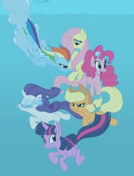 Size: 1944x2560 | Tagged: safe, artist:jbwarner86, artist:underwatertoons, imported from derpibooru, applejack, fluttershy, pinkie pie, rainbow dash, rarity, twilight sparkle, earth pony, pegasus, pony, unicorn, diving, female, mane six, mare, underwater, unicorn twilight, water