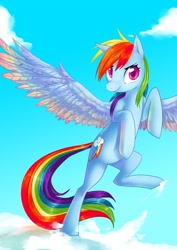 Size: 2481x3509 | Tagged: safe, artist:tamponandtwilaloop, imported from derpibooru, rainbow dash, pegasus, pony, cloud, colored wings, colored wingtips, female, high res, mare, solo, spread wings, wings