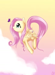 Size: 1275x1755 | Tagged: safe, artist:tamponandtwilaloop, imported from derpibooru, fluttershy, butterfly, pegasus, pony, cloud, cute, female, flying, looking at something, mare, profile, shyabetes, sky, solo