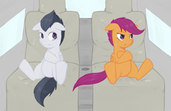 Size: 1013x660 | Tagged: safe, artist:elslowmo, artist:japananon, artist:昔の傷口, imported from derpibooru, rumble, scootaloo, pegasus, pony, car, colt, crossed hooves, duo, female, filly, floppy ears, male, riding, rumbloo, shipping, sitting, straight, sweat