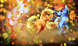 Size: 900x535 | Tagged: safe, artist:malicieuxx, imported from derpibooru, applejack, rainbow dash, earth pony, pegasus, pony, fall weather friends, autumn, scene interpretation