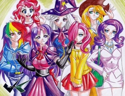 Size: 700x535 | Tagged: safe, artist:jadenkaiba, imported from derpibooru, applejack, fluttershy, pinkie pie, rainbow dash, rarity, trixie, twilight sparkle, human, bra strap, clothes, dress, evening gloves, female, hat, humanized, mane six, skirt