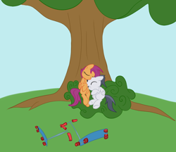 Size: 994x857 | Tagged: safe, artist:elslowmo, imported from derpibooru, rumble, scootaloo, pegasus, pony, colt, female, filly, male, original artist unknown, rumbloo, scooter, shipping, sleeping, straight, tree