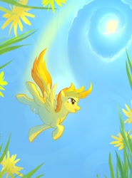 Size: 813x1100 | Tagged: safe, artist:tomatocoup, imported from derpibooru, spitfire, pegasus, pony, bandaid, female, flower, flying, mare, perspective, solo, sun