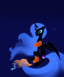 Size: 900x1084 | Tagged: dead source, safe, artist:tomatocoup, imported from derpibooru, nightmare moon, alicorn, pony, ..., clothes, crying, female, gradient background, mare, missing accessory, present, sitting, socks, solo