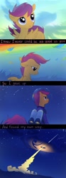 Size: 389x1050 | Tagged: dead source, safe, artist:tomatocoup, imported from derpibooru, scootaloo, pegasus, pony, artifact, cloud, comic, feather, feels, female, filly, helmet, implied rainbow dash, inspiration, jetpack, mare, scootaloo can fly, scootaloo can't fly, solo, space, spacesuit, stars, text, uplifting